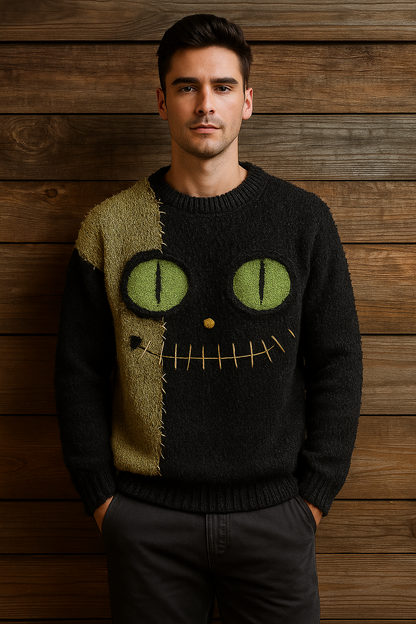 Fuzzy Patchwork Cat Face Sweater – Green Eyes Creepy Cute Knit | Distressed Halloween Pullover | Cozy Unisex Fall Sweater