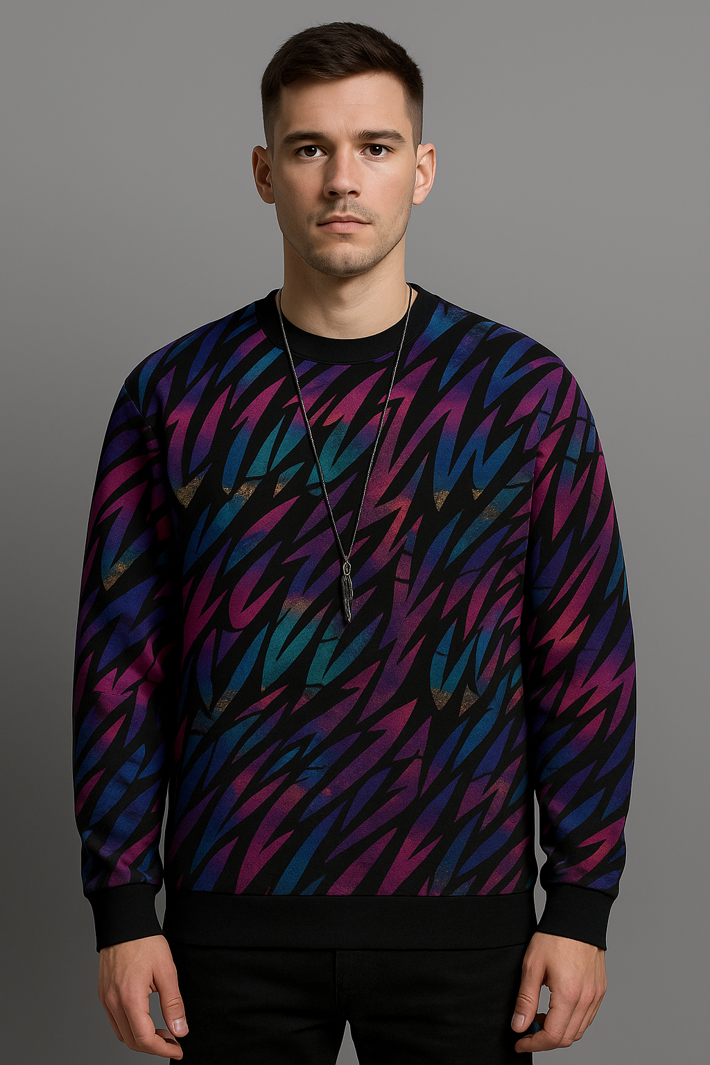 Neon Abstract Pattern Sweatshirt – Vibrant Multicolor Streetwear Unisex Pullover | Retro Wave Graphic Crewneck