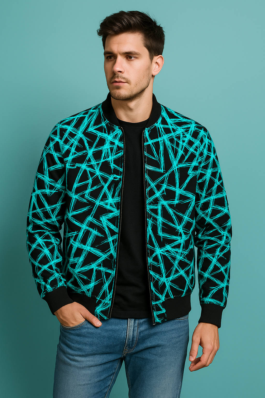 Neon Teal Abstract Streak Bomber Jacket – Electric Graphic Streetwear | Unisex Black & Teal Zip-Up Jacket