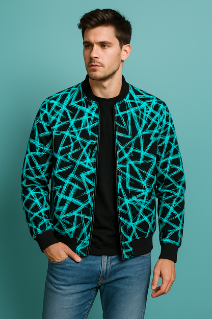 Neon Teal Abstract Streak Bomber Jacket – Electric Graphic Streetwear | Unisex Black & Teal Zip-Up Jacket