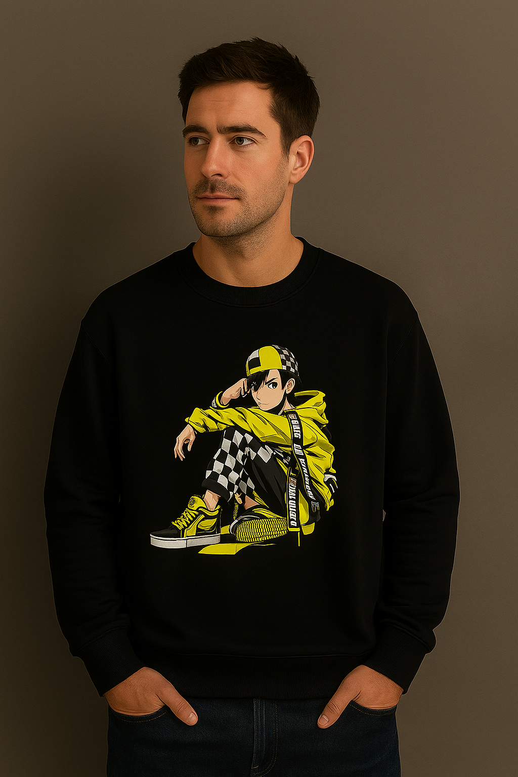 Anime Streetwear Sweatshirt – Yellow Urban Boy Graphic | Oversized Unisex Pullover | Japanese Cartoon Hoodie Style