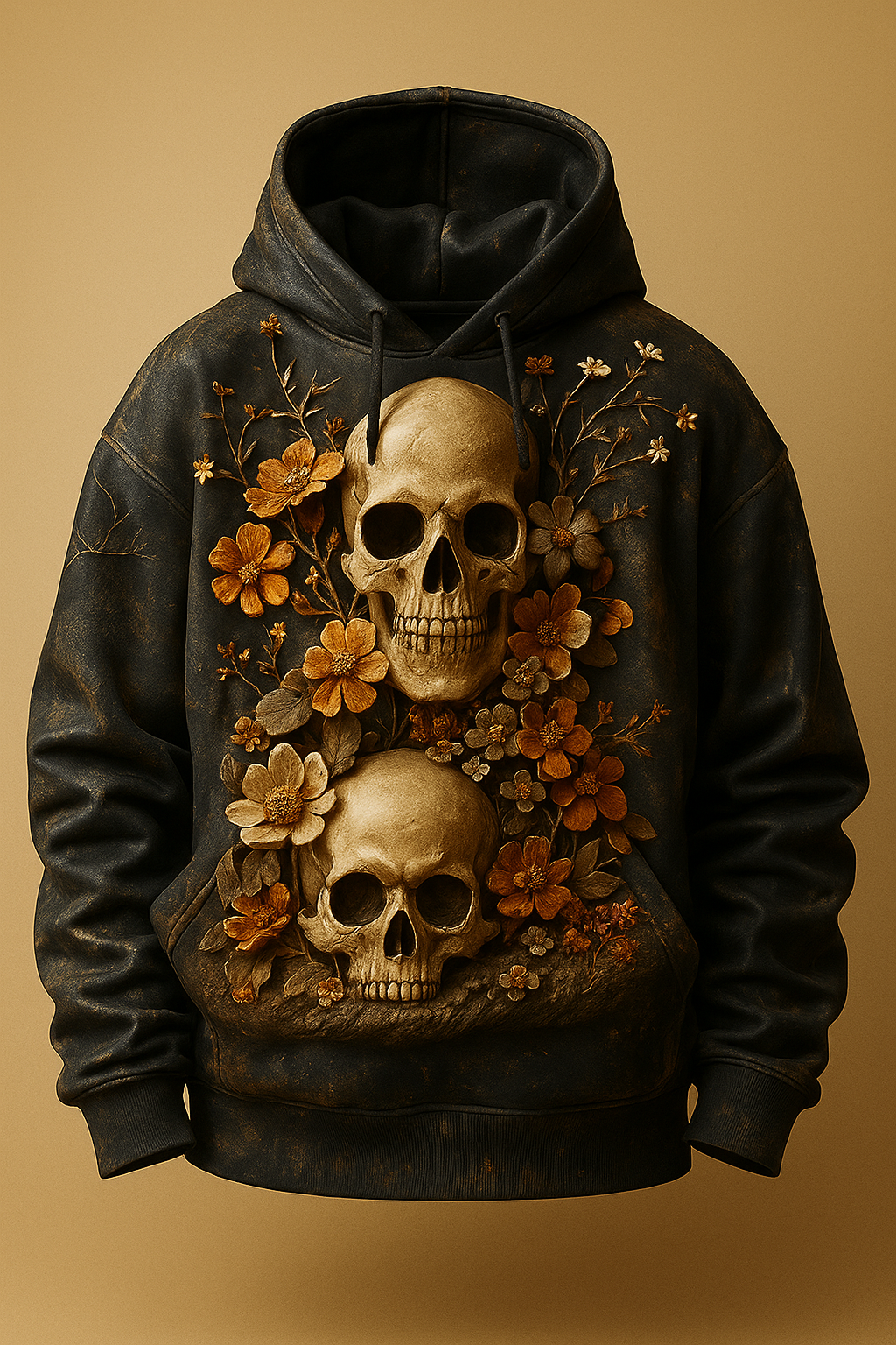 Gothic Skull & Floral Hoodie – Dark Aesthetic 3D Vintage Flower Skeleton Sweatshirt