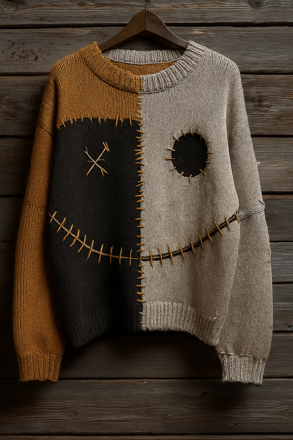 Stitched Patchwork Smiley Sweater – Rustic Halloween Pullover | Two-Tone Knit | Cozy Unisex Fall Sweater
