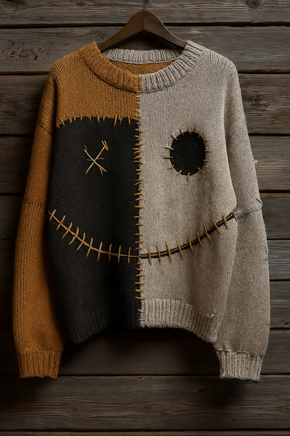 Stitched Patchwork Smiley Sweater – Rustic Halloween Pullover | Two-Tone Knit | Cozy Unisex Fall Sweater