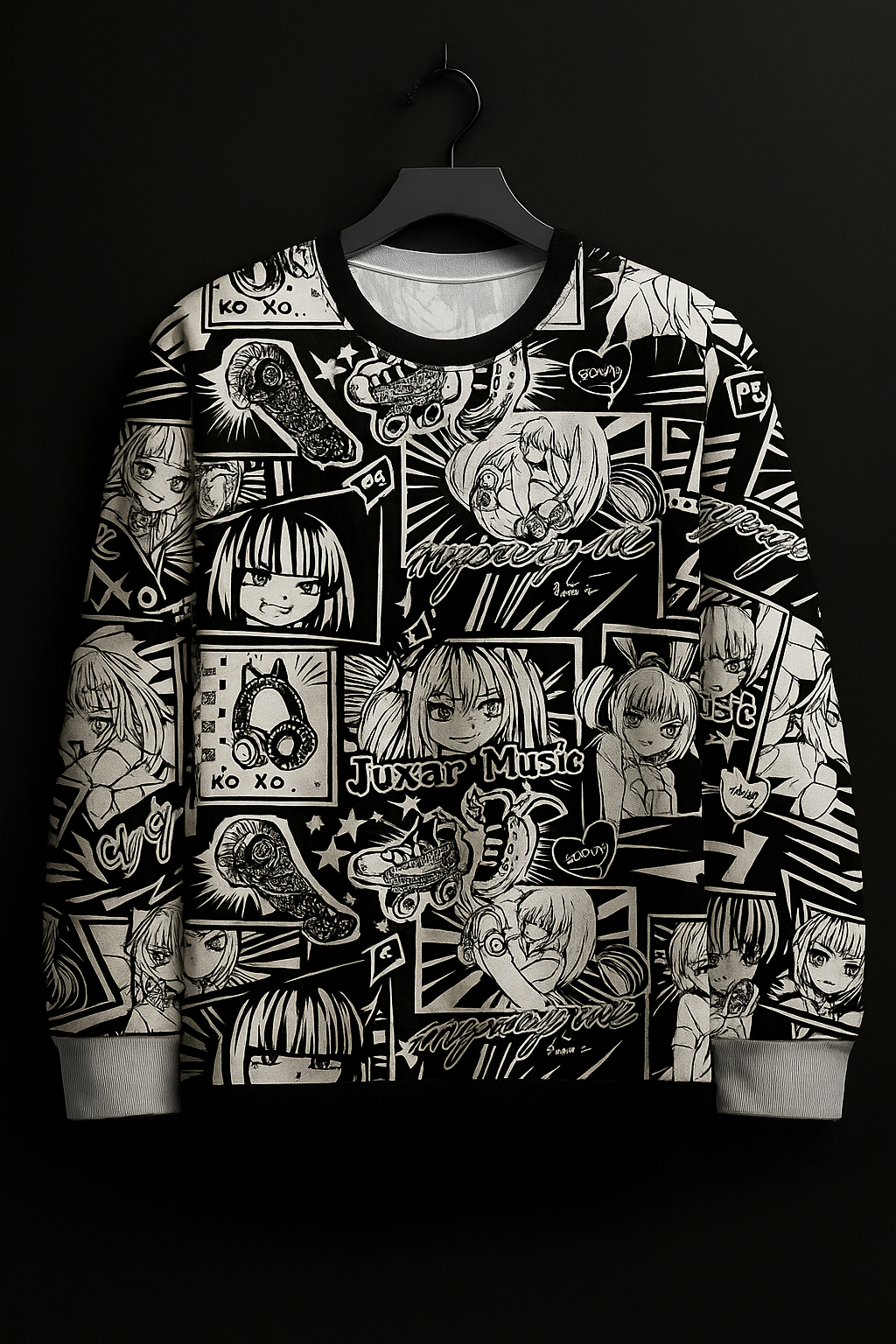 Anime Manga Panel Sweatshirt – Black & White All-Over Print Unisex Crewneck | Juxar Music Streetwear Pullover