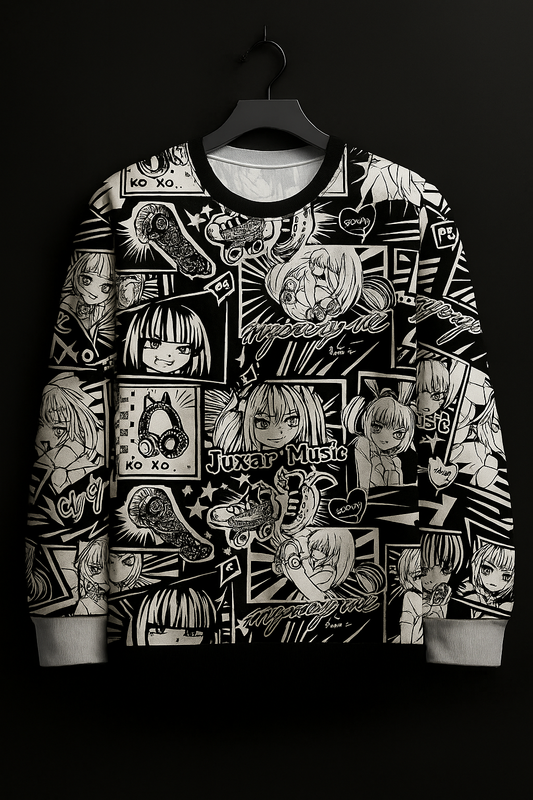 Anime Manga Panel Sweatshirt – Black & White All-Over Print Unisex Crewneck | Juxar Music Streetwear Pullover