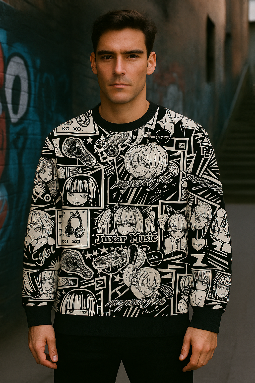 Anime Manga Panel Sweatshirt – Black & White All-Over Print Unisex Crewneck | Juxar Music Streetwear Pullover