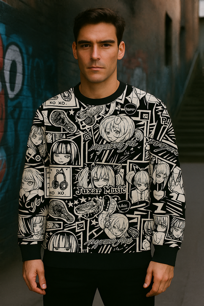 Anime Manga Panel Sweatshirt – Black & White All-Over Print Unisex Crewneck | Juxar Music Streetwear Pullover