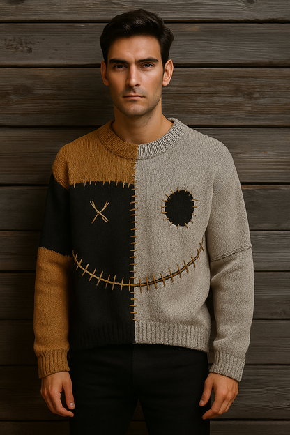 Stitched Patchwork Smiley Sweater – Rustic Halloween Pullover | Two-Tone Knit | Cozy Unisex Fall Sweater