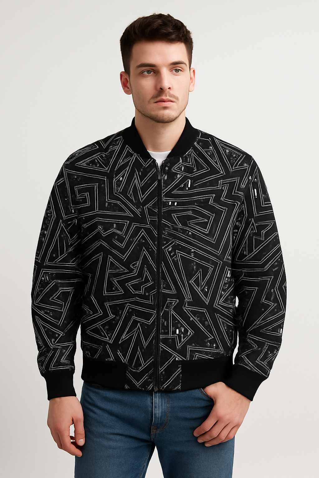 Geometric Multicolor Maze Bomber Jacket – Abstract Street Art Pattern | Unisex Zip-Up Jacket