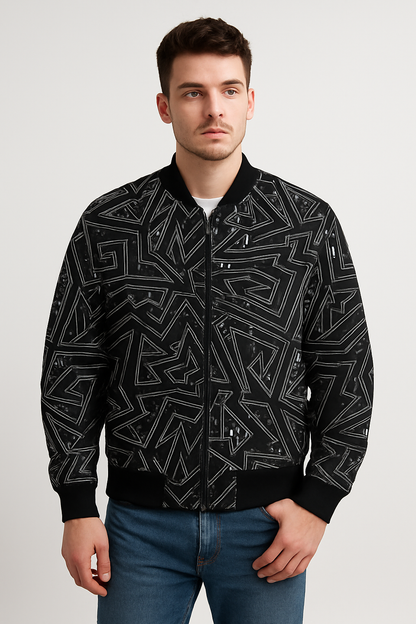 Geometric Multicolor Maze Bomber Jacket – Abstract Street Art Pattern | Unisex Zip-Up Jacket