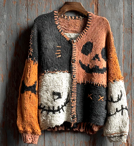 Patchwork Halloween Cardigan – Hand-Knit Spooky Pumpkin & Skull Sweater | Cozy Fall Button-Up | Unisex