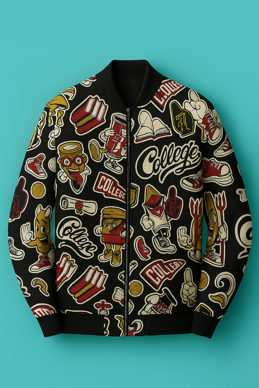 Unisex College Cartoon Graphic Bomber Jacket – Retro Varsity Streetwear Zip Jacket (Black)