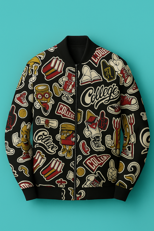 Unisex College Cartoon Graphic Bomber Jacket – Retro Varsity Streetwear Zip Jacket (Black)