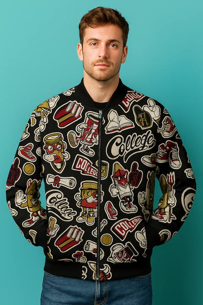 Unisex College Cartoon Graphic Bomber Jacket – Retro Varsity Streetwear Zip Jacket (Black)