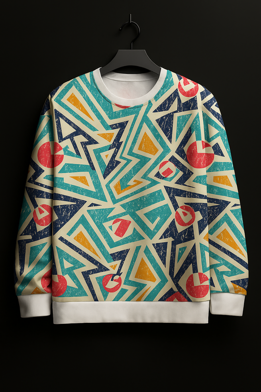 Retro Geometric Pattern Sweatshirt – Vintage 80s Abstract All-Over Print Unisex Crewneck | Colorful Streetwear Pullover