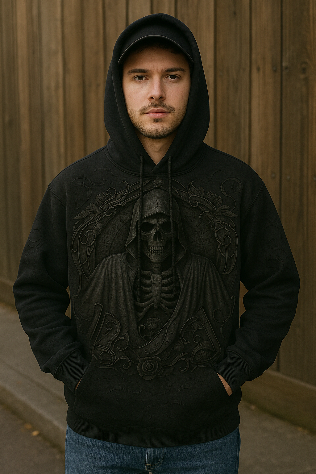 Black Grim Reaper Hoodie – 3D Skeleton Artwork Hoodie | Gothic Dark Aesthetic Sweatshirt