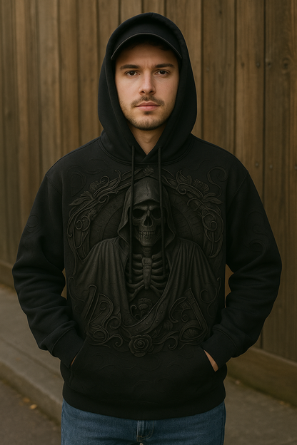 Black Grim Reaper Hoodie – 3D Skeleton Artwork Hoodie | Gothic Dark Aesthetic Sweatshirt