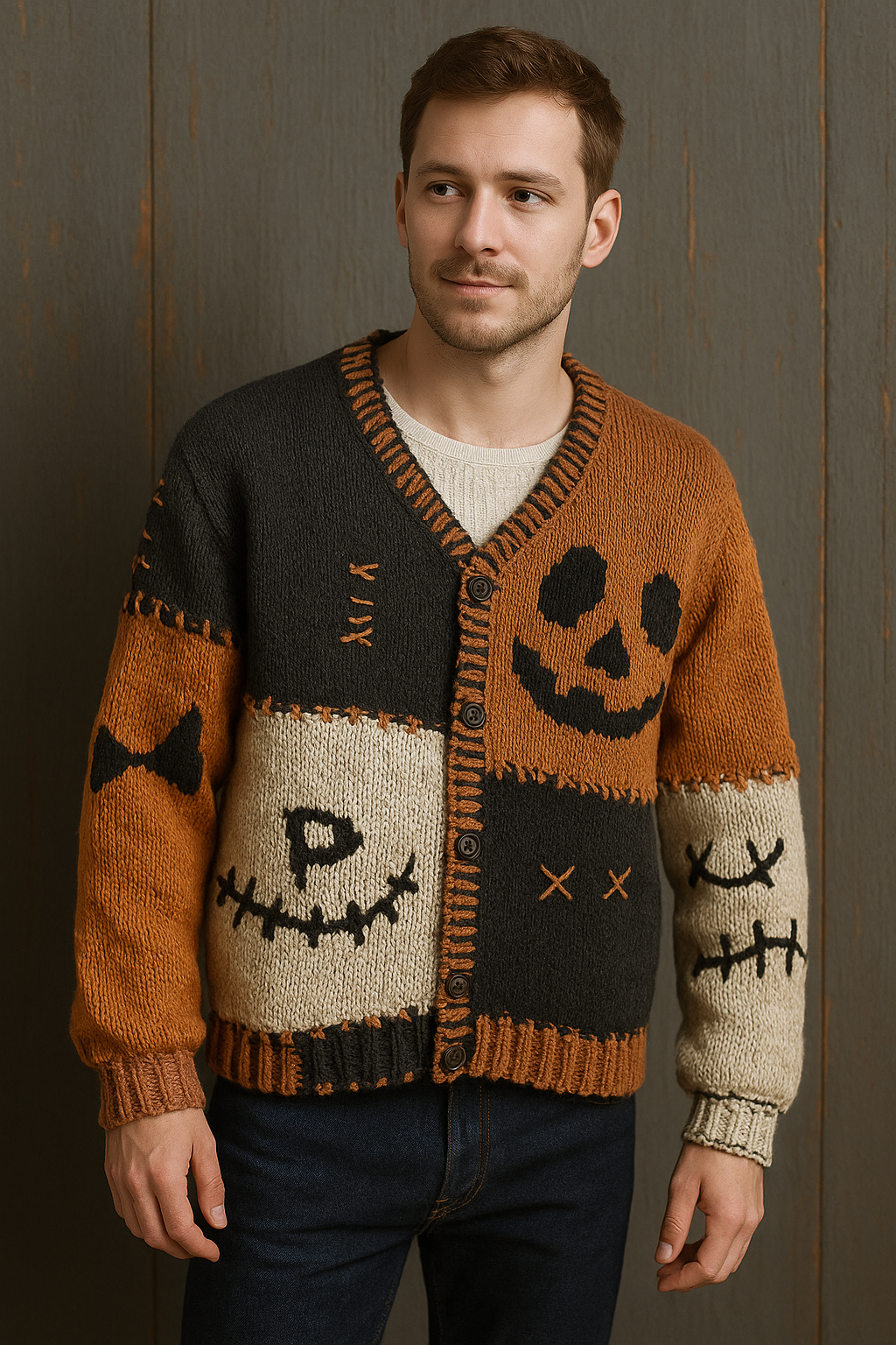 Patchwork Halloween Cardigan – Hand-Knit Spooky Pumpkin & Skull Sweater | Cozy Fall Button-Up | Unisex