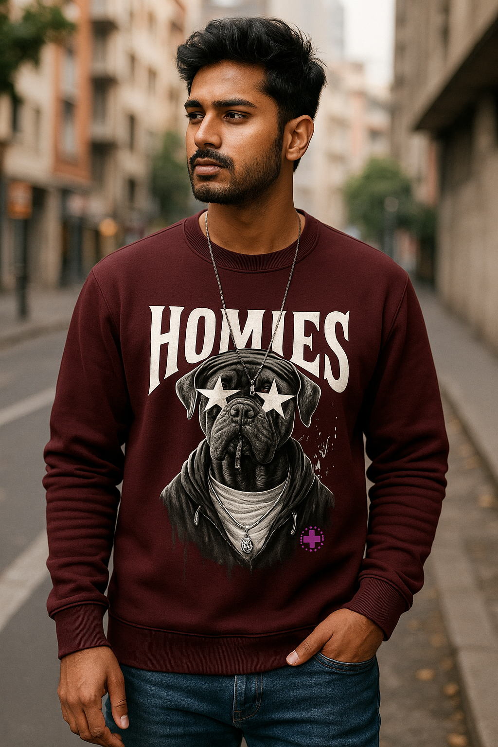 HOMIES Oversized Dog Graphic Sweatshirt – Streetwear Bulldog Pullover for Men | Urban Casual Hoodie Alternative