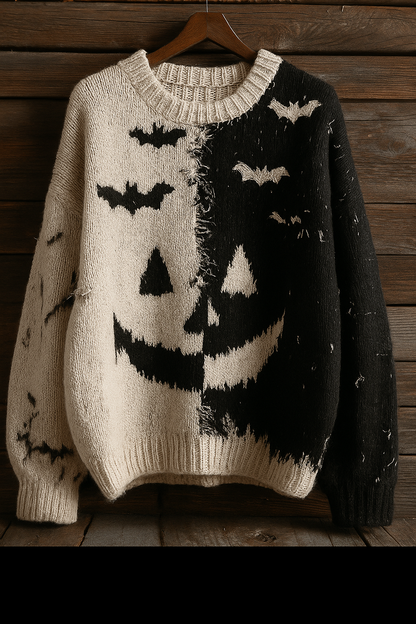 Black & Cream Split Jack-O’-Lantern Sweater – Distressed Halloween Knit with Bats | Vintage Spooky Pullover | Unisex Fall Sweater