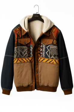 Vintage Tribal Patchwork Sherpa-Lined Jacket – Warm Winter Boho Cotton Coat