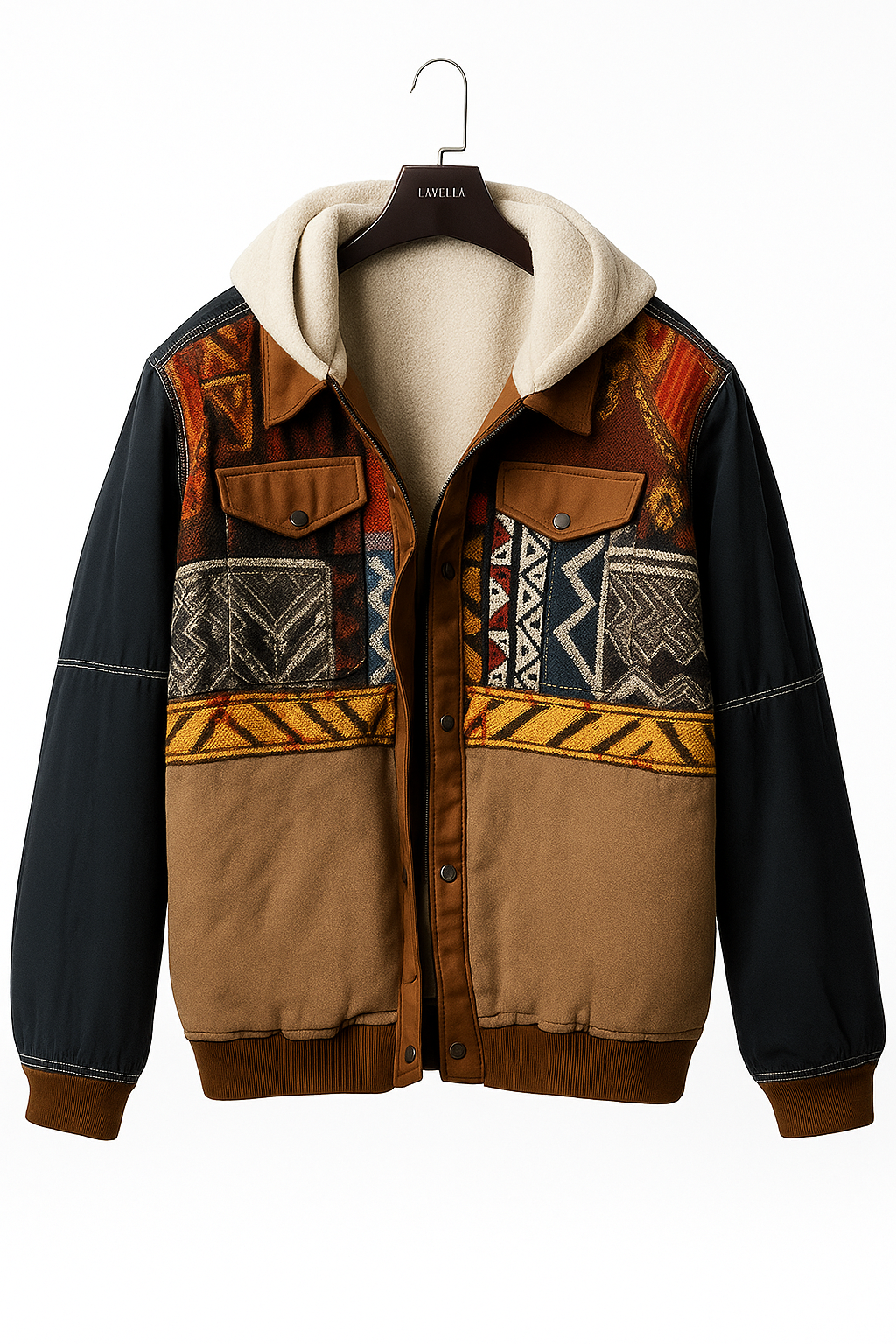 Vintage Tribal Patchwork Winter Jacket – Fleece-Lined Warm Casual Streetwear Coat for Men