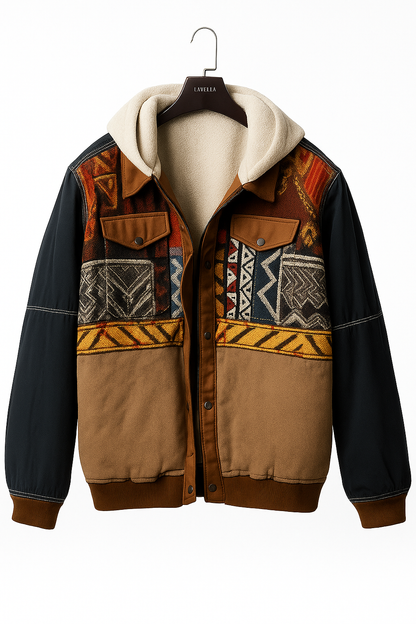 Vintage Tribal Patchwork Winter Jacket – Fleece-Lined Warm Casual Streetwear Coat for Men