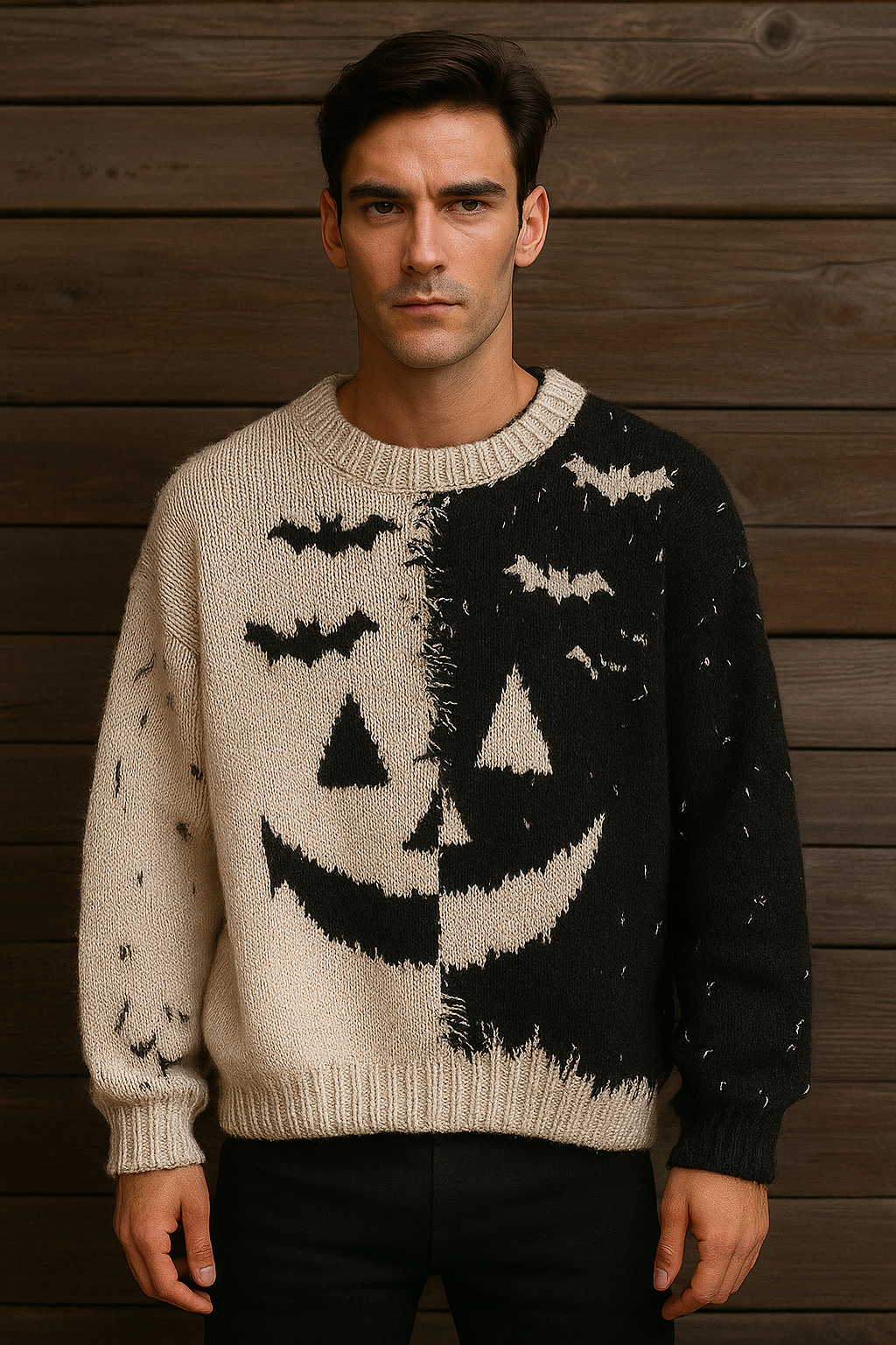 Black & Cream Split Jack-O’-Lantern Sweater – Distressed Halloween Knit with Bats | Vintage Spooky Pullover | Unisex Fall Sweater