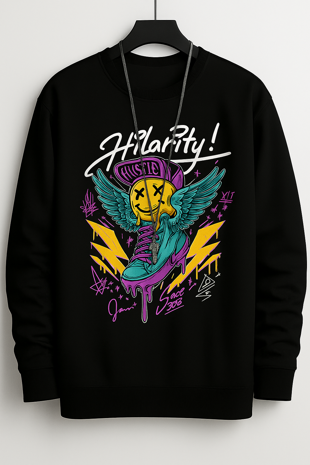 Hilarity Hustle Streetwear Sweatshirt – Neon Winged Sneaker Graphic Pullover | Unisex Black Hip-Hop Style