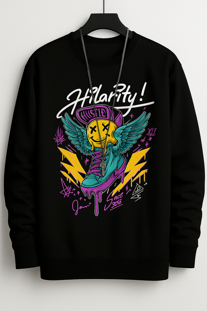 Hilarity Hustle Streetwear Sweatshirt – Neon Winged Sneaker Graphic Pullover | Unisex Black Hip-Hop Style