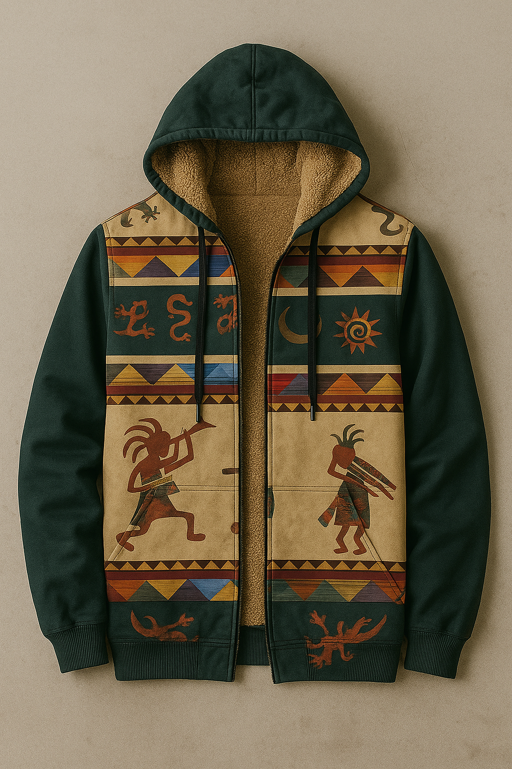 Southwestern Tribal Fleece-Lined Hoodie Jacket – Warm Winter Ethnic Pattern Zip-Up Coat for Men