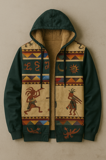 Southwestern Tribal Fleece-Lined Hoodie Jacket – Warm Winter Ethnic Pattern Zip-Up Coat for Men