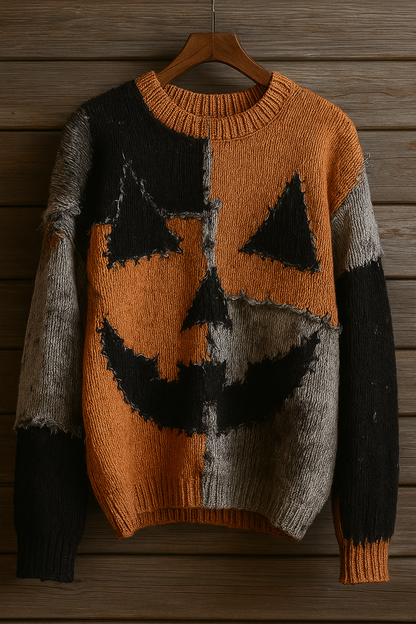 Distressed Jack-O’-Lantern Sweater – Pumpkin Face Halloween Knit | Patchwork Fall Pullover | Unisex Spooky Sweater