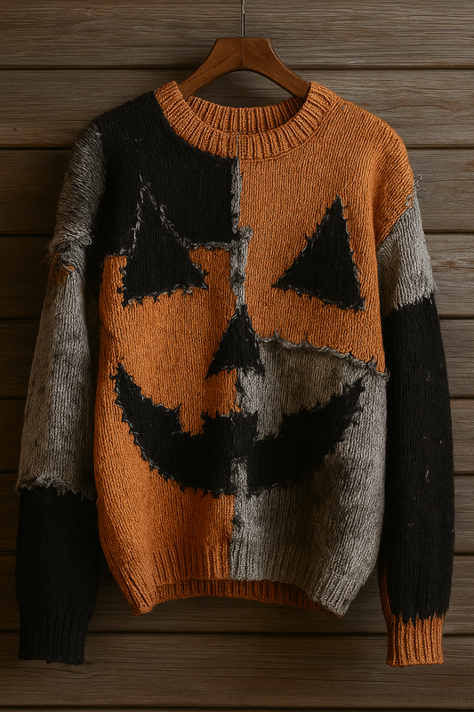 Distressed Jack-O’-Lantern Sweater – Pumpkin Face Halloween Knit | Patchwork Fall Pullover | Unisex Spooky Sweater
