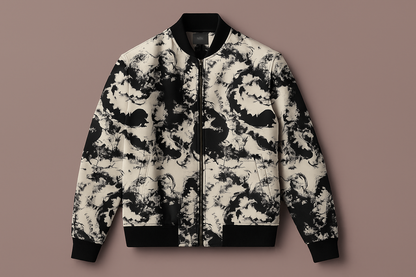 Black & Cream Abstract Ink Wash Bomber Jacket – Artistic Streetwear Zip-Up | Unisex Modern Painterly Jacket