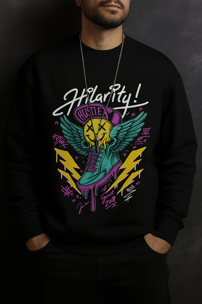 Hilarity Hustle Streetwear Sweatshirt – Neon Winged Sneaker Graphic Pullover | Unisex Black Hip-Hop Style