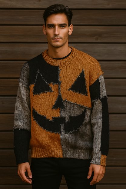Distressed Jack-O’-Lantern Sweater – Pumpkin Face Halloween Knit | Patchwork Fall Pullover | Unisex Spooky Sweater