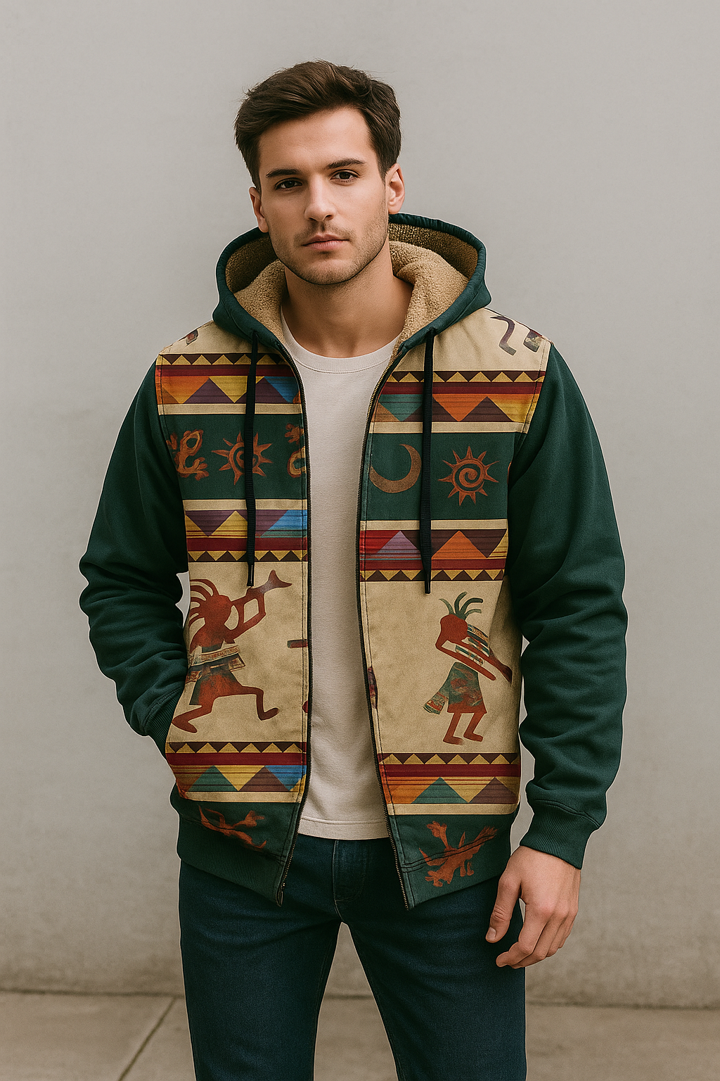 Southwestern Tribal Fleece-Lined Hoodie Jacket – Warm Winter Ethnic Pattern Zip-Up Coat for Men