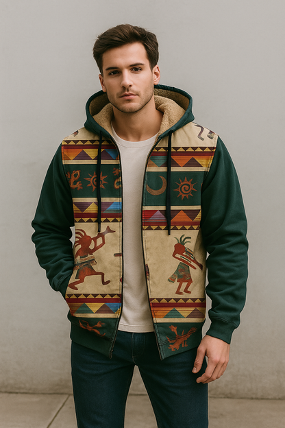 Southwestern Tribal Fleece-Lined Hoodie Jacket – Warm Winter Ethnic Pattern Zip-Up Coat for Men