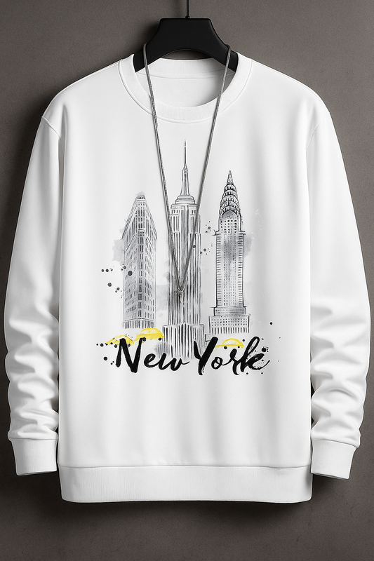 Unisex New York Skyline Sweatshirt – White Cityscape Pullover with Urban Sketch Design