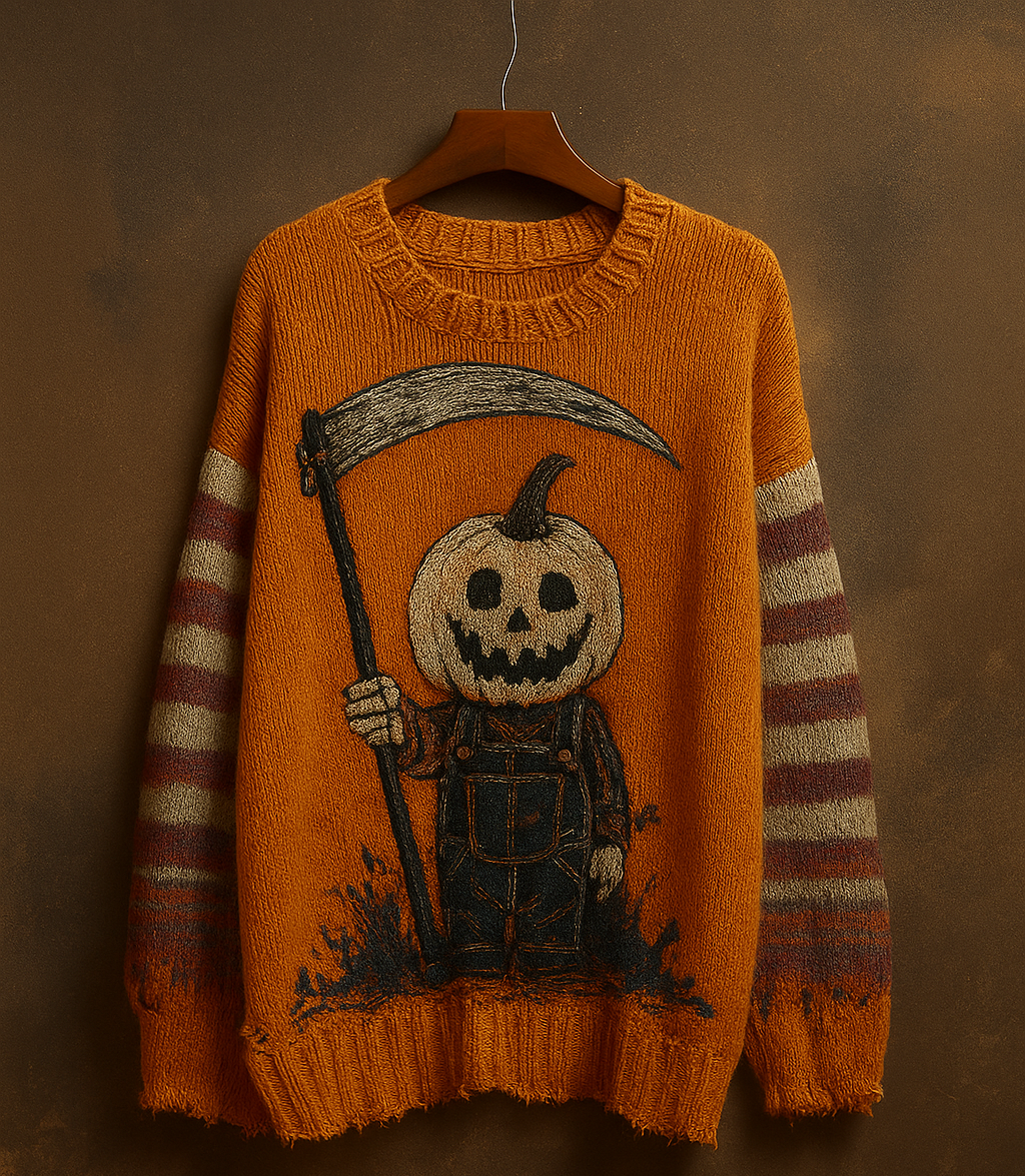 Pumpkin Reaper Halloween Sweater – Vintage Grunge Knit | Jack-O’-Lantern Scarecrow Pullover | Spooky Fall Unisex Sweater