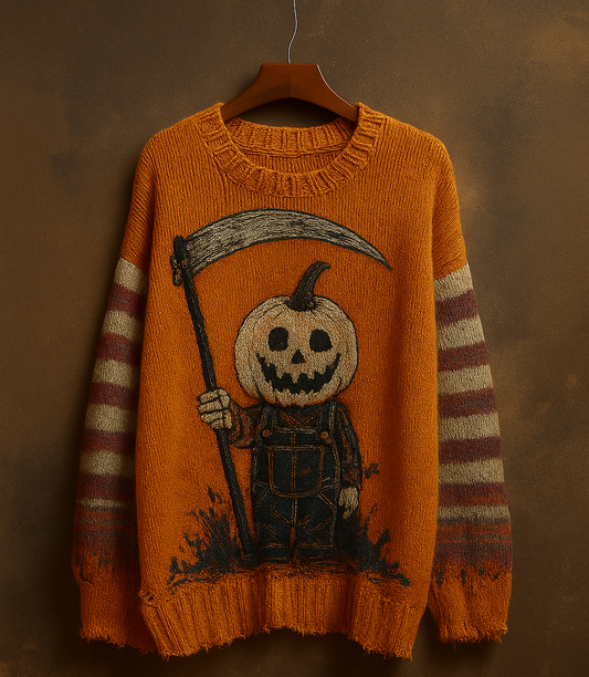 Pumpkin Reaper Halloween Sweater – Vintage Grunge Knit | Jack-O’-Lantern Scarecrow Pullover | Spooky Fall Unisex Sweater