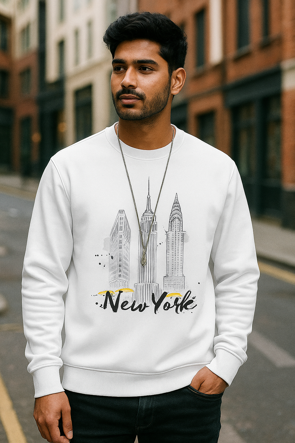 Unisex New York Skyline Sweatshirt – White Cityscape Pullover with Urban Sketch Design