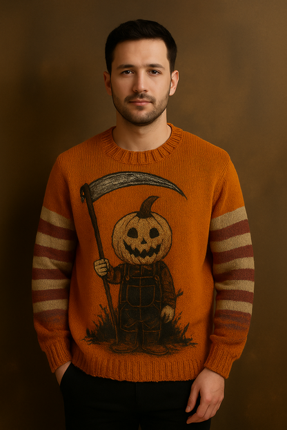 Pumpkin Reaper Halloween Sweater – Vintage Grunge Knit | Jack-O’-Lantern Scarecrow Pullover | Spooky Fall Unisex Sweater