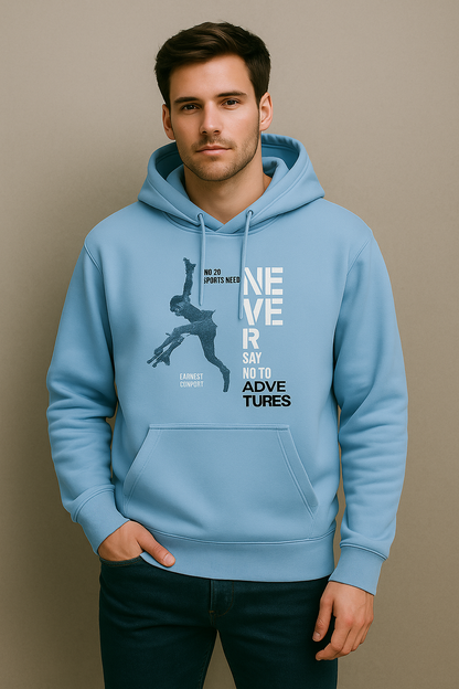 Sky Blue Adventure Graphic Hoodie – “Never Say No to Adventures” Skateboard Print Sweatshirt