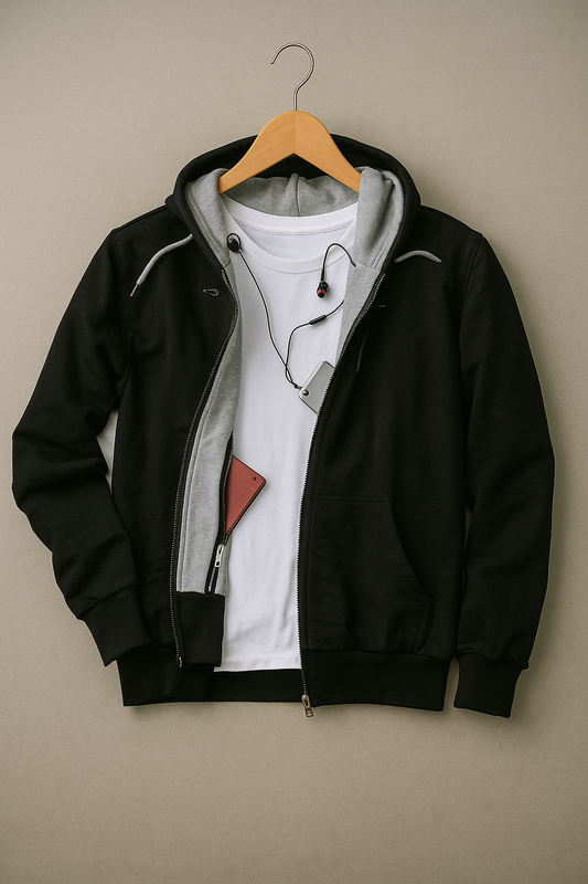 Men’s Dual-Layer Tech Zip Hoodie – Classic Black Athletic Jacket with Media Pocket