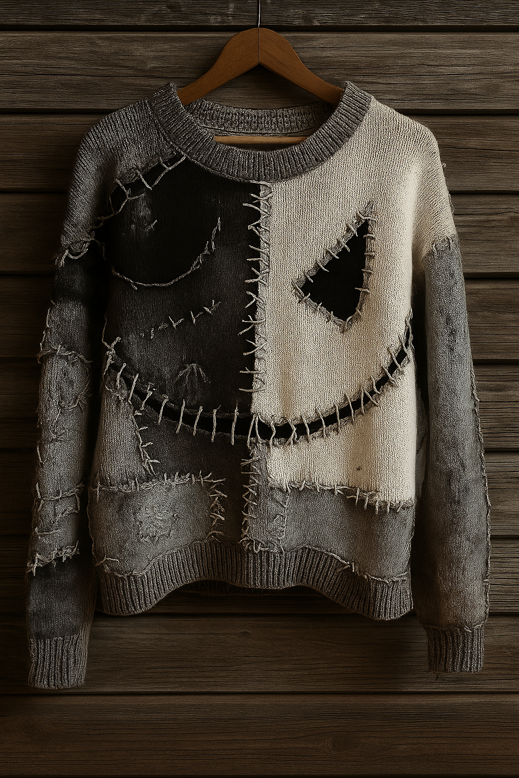 Distressed Patchwork Skull Sweater – Grunge Stitched Knit Pullover | Unisex Halloween Aesthetic | Vintage Washed Grey