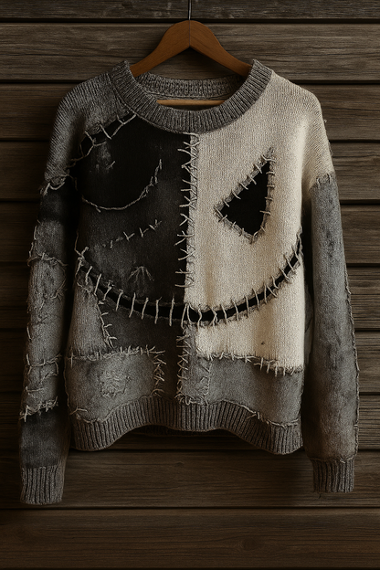Distressed Patchwork Skull Sweater – Grunge Stitched Knit Pullover | Unisex Halloween Aesthetic | Vintage Washed Grey