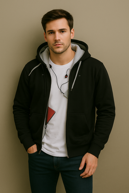 Men’s Dual-Layer Tech Zip Hoodie – Classic Black Athletic Jacket with Media Pocket